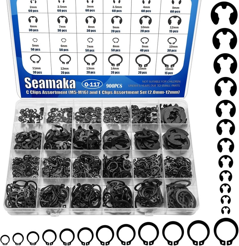 Seamaka مجموعة متنوعة من 900 قطعة من حلقات E (2.0 مم - 12 مم) وحلقات C (M5 - M16)، مجموعة حلقات سناب، 24 حجم من حلقات الاحتفاظ من الفولاذ الكربوني الأسود، حلقات الاحتفاظ الخارجية O-117 - Image 1